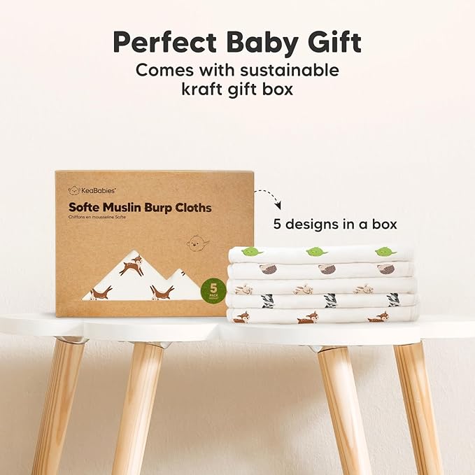 5-Pack Muslin Burp Cloths Baby Boy, Girl - Very Absorbent Baby Burp Cloth Rags, 8-Layers Viscose Derived from Bamboo Cotton Muslin Towel, Super Soft Spit Up Rags, No Shrink Washcloths (KeaFriends)