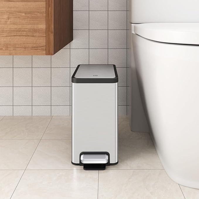 EKO Slim Small Bathroom Trash Can with Lid, Stainless Steel Small Garbage Can with Removable Inner Bucket, 6L / 1.6 Gal, Step On Trash Bin