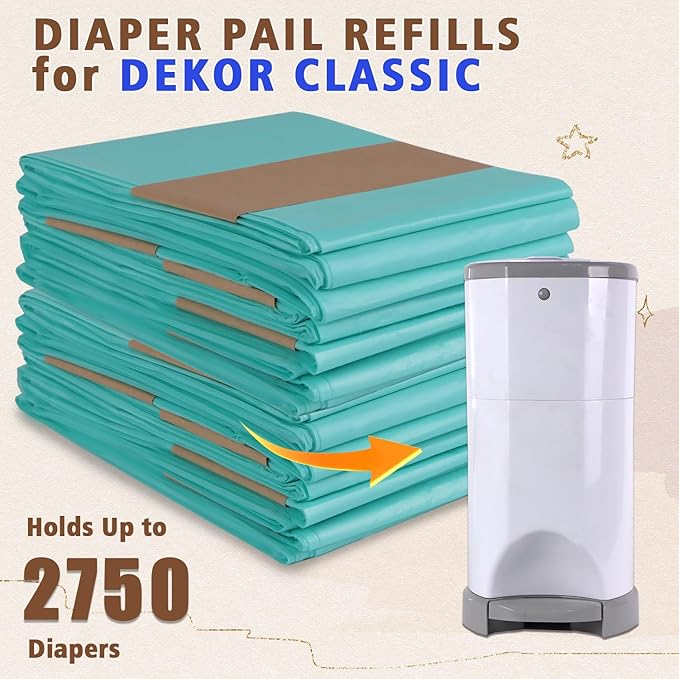 Refill Diaper Pail Bags Compatible with Dekor Classic Diaper Pails | 5 Pack | Diaper Pail Refills with 30% Extra Thickness | Baby Powder Fragrance | Holds up to 2750 Diapers.