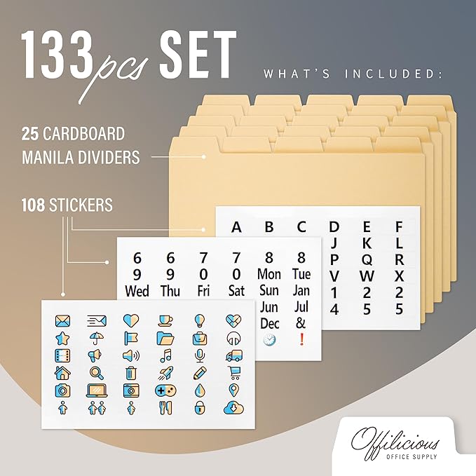 25 Heavyweight Manila Index Card Dividers 4x6 - Index Organizer Dividers with Tabs & 108 Stickers for Recipe, Note, Monthly Index Cards 4x6 & Card Stock