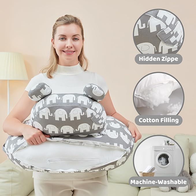 Nursing Pillow for Breastfeeding, Breast Feeding Pillow for Mom Support, Adjustable Waist Strap and Removable Cotton Cover, Elephant