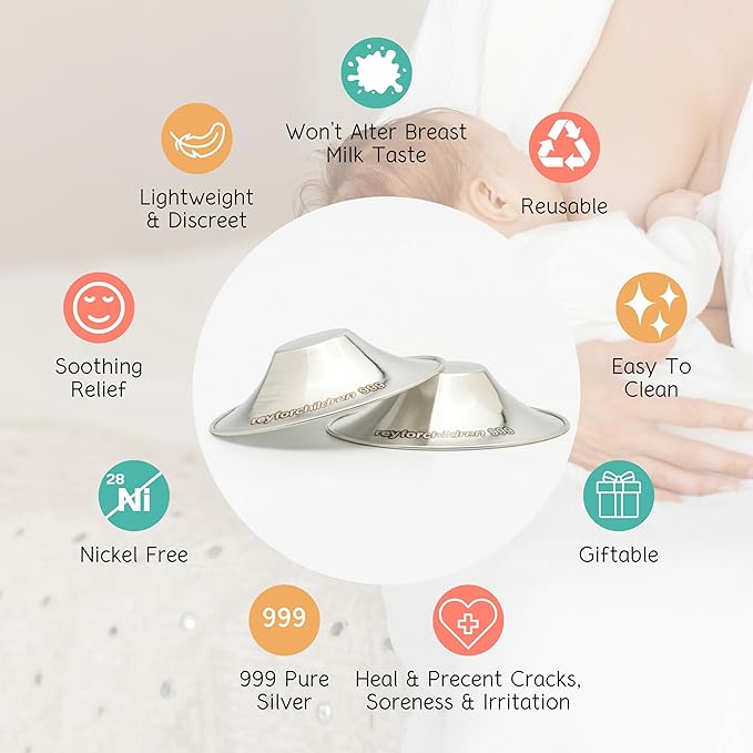 RFC Silver Nursing Cups - 999 Silver Nursing Pad - Nipple Shield Kit for Nursing Newborn - Breastfeeding Essentials - Nipple Cover Breastfeeding - with Silicone Ring & Cleaning Scotch & Case (XL)