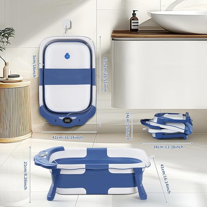 Baby Bathtub,Collapsible Baby Bath Tub with Thermometer & Soft Floating Cushion,Portable Travel Baby Bathtubs for Newborns to Toddlers 0-36 Months(Bear Gray)