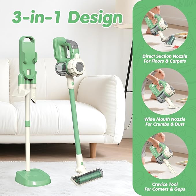 3-in-1 Kids Vacuum That Really Works – Working Toddler Vacuum Cleaner with Real Suction, Montessori Pretend Play Cleaning Toy Gift Set for Boys and Girls Ages 3+