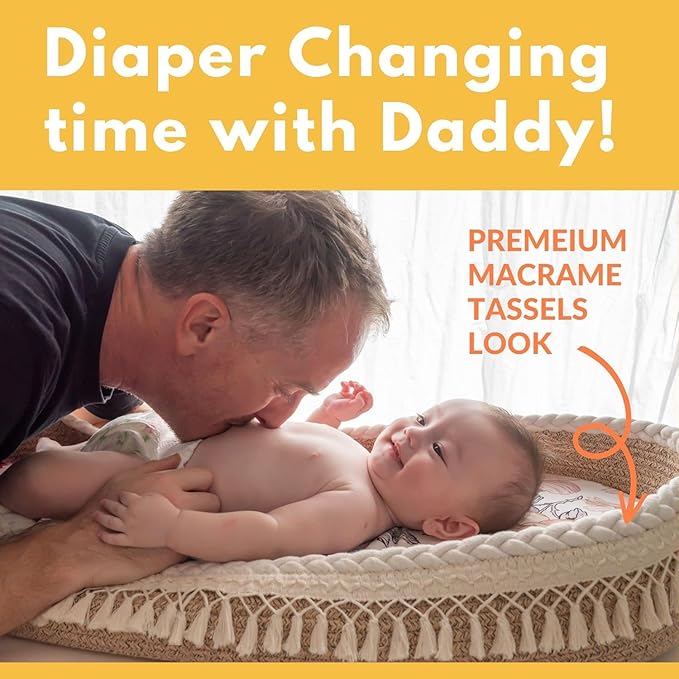 Baby Changing Basket Set with Diaper Caddy Organizer Macrame Boho Moses Basket for Babies, Handmade 100% Cotton Rope, Woven Portable Nursery Decor Waterproof Pad & Floral Pad