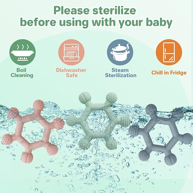 3 Pack Baby Teething Toys, BPA-Free Silicone Baby Teether Toys Teething Relief, Chew Toy for Babies 6-24 Months (Green & Blue & Pale Pink)