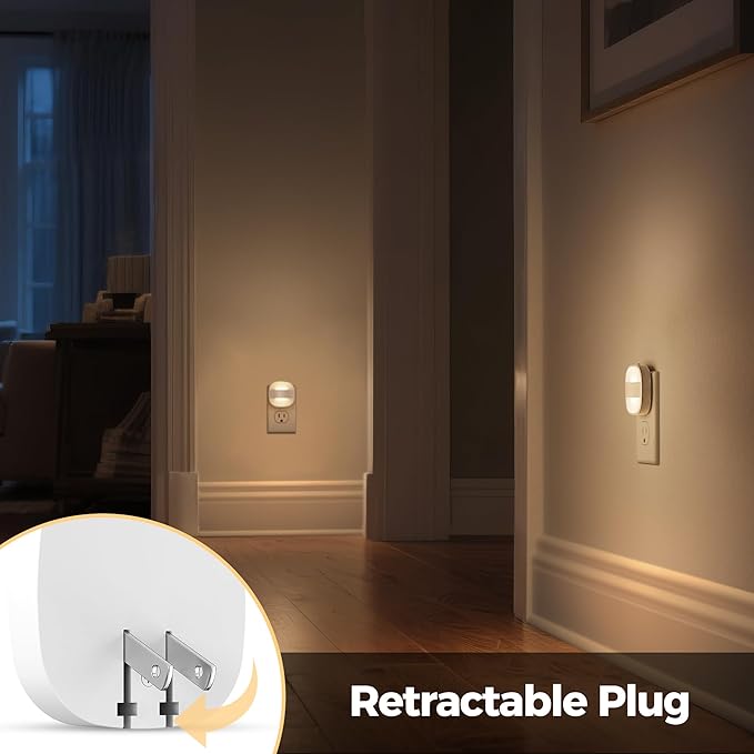 DORESshop Led Night Lights Plug Into Wall, 4 Packs Plug in Night Light Dimmable Mini with Auto Dusk to Dawn Sensor, 3000K Foldable Plug Nightlight Adjustable Brightness for Bedroom,Stairs,Hallway,