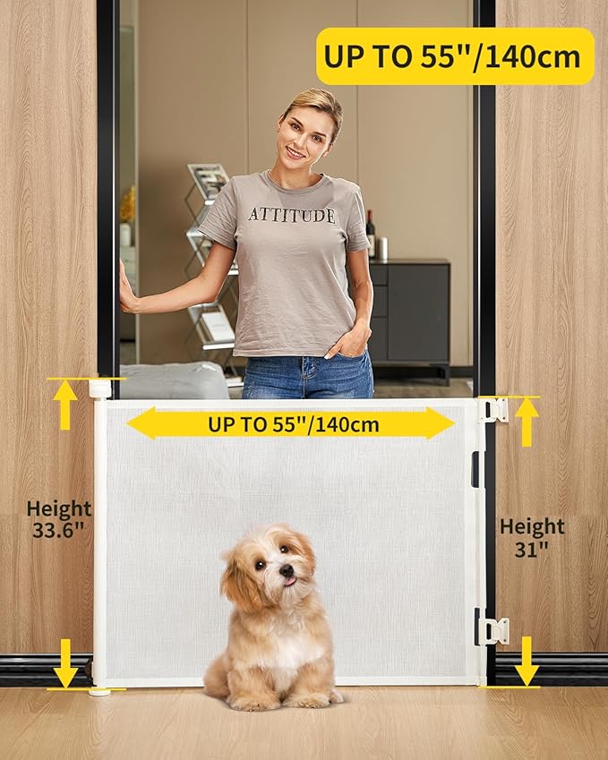 DEAR LOV 2 Pack Retractable Baby Gate,Mesh Baby Gate or Mesh Dog Gate,33" Tall,Extends up to 55" Wide,Child Safety Gate for Doorways, Stairs, Hallways（White,33"x55"