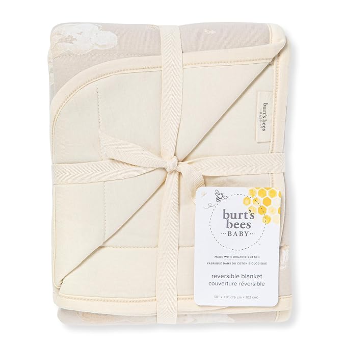 Burt's Bees Baby Reversible Blanket, Nursery, Stroller & Tummy-Time Organic Jersey Cotton Quilted Infant & Toddler Bedding