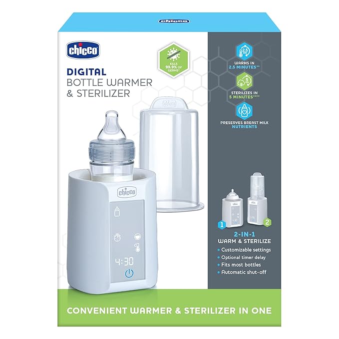 Chicco Digital Bottle Warmer & Sterilizer for Baby Bottles and Milk Bags | Eliminates 99.9% of Germs | 4 Heating Options | Digital Touchscreen| Automatic Shut-Off & Sound Alert (Pack of 2)
