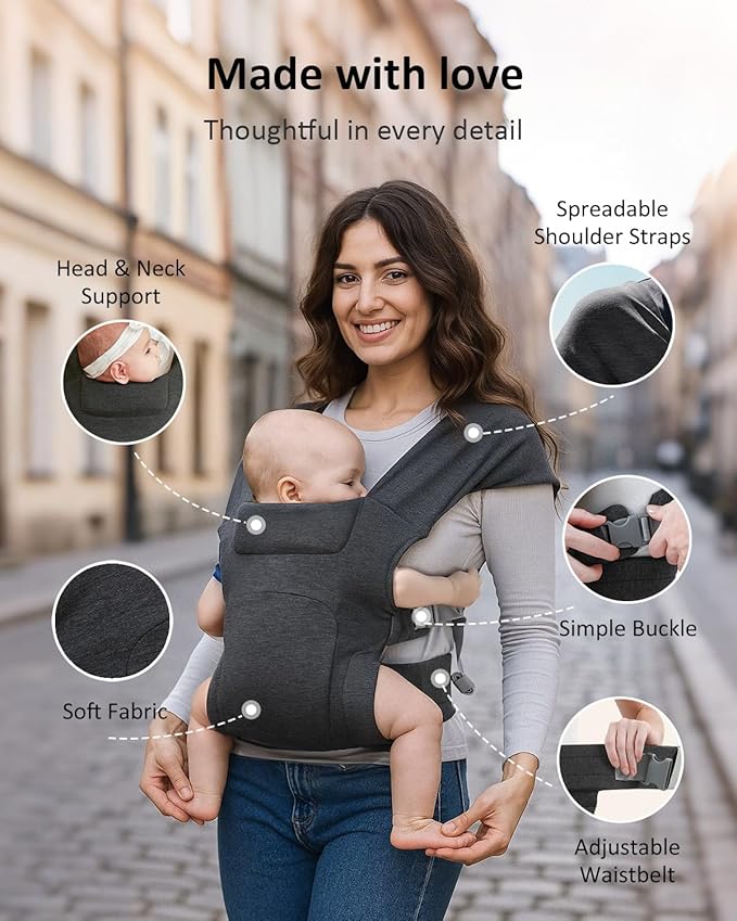 HEYVALUE Baby Carrier Newborn to Toddler(7-35lbs), Ergonomic Cross-Back Wraps with Adjustable Straps, Newborn Carrier with Effortless Put-On, Head Support for Hands-Free Comfort, Deep Gray