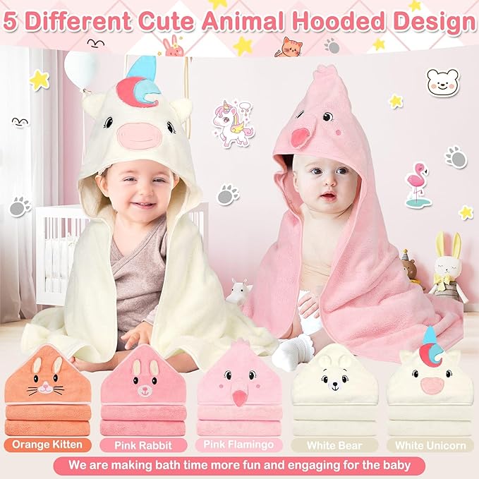 15 Pcs Baby Hooded Baby Towel, Hooded Baby Bath, 5 x Cute Baby Towels and 10 x Baby WashCloth Sets- Perfect Shower Gift for Boys or Girls, Absorbent, Soft, Comforting for Newborn, Infant and Toddler