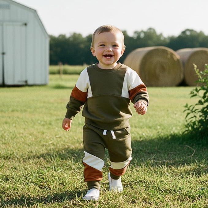 Kupretty Toddler Baby Boy Fall Winter Clothes Color Block Long Sleeve Sweatshirt Pullover Tops + Joggers Pants Outfit Set