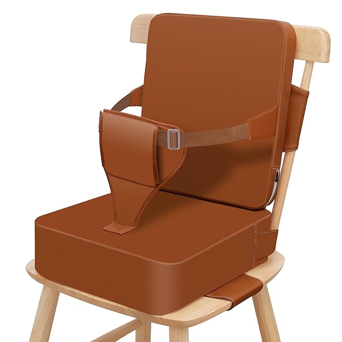 Toddler Booster Seat for Dining Table, Non-Slip Kitchen Chair Booster Seat with Backrest and Adjustable Straps, Portable PU Waterproof Travel Baby Booster Increasing Cushion