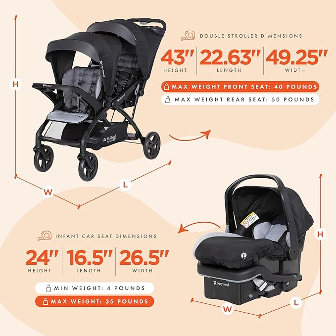 Baby Trend Infant and Toddler Double Stroller & Car Seat Combo, 2 Pc Set, Stormy - Lightweight and Compact Travel Stroller and Carseat Tandem for Babies, Infants, and Toddlers