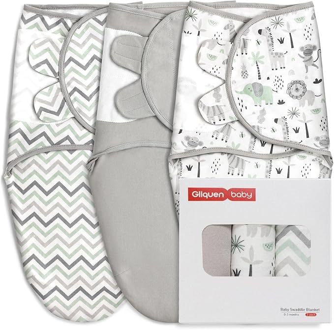 GLLQUEN BABY Organic Swaddle Sleep Sacks for Newborn - Baby Swaddles 0-3 Months, 3-Pack Newborn Swaddling Sack, Gray Stripe & Animal World, Baby Swaddle Blanket Wrap (Small/Medium)