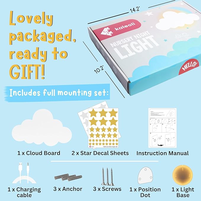 Nursery Night Light – Dimmable Cloud Wall Light for Kids and Baby Room Decor – Rechargeable LED Light with Touch Control for Bedtime Routines (Star Decals Included)