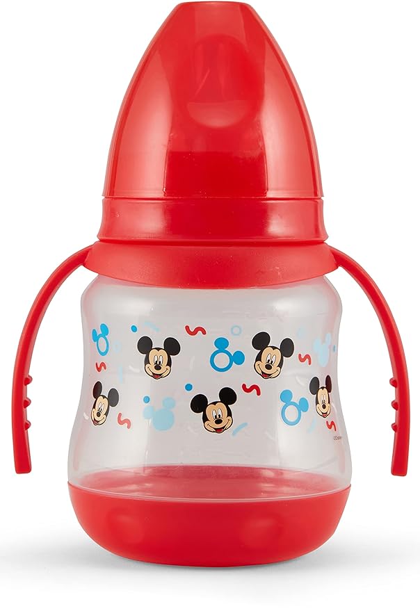 Disney 2 Pack 7 Ounce Baby Bottles with Character Prints and Colored Covers with Double Handle - BPA Free and Easy to Clean