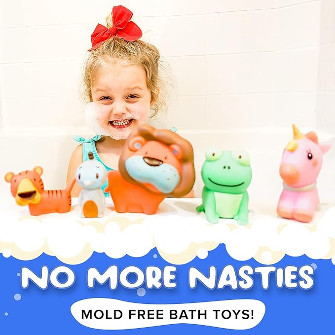 SplashEZ Animal Bath Toys | Mold Free Bath Toys for Kids & Toddlers with No Hole for Water | Lion & Friends Ideal Size for Little Hands | Safe, Durable for Baby Tub Pool Boys Girls Ages 0 & Up, 5-pack