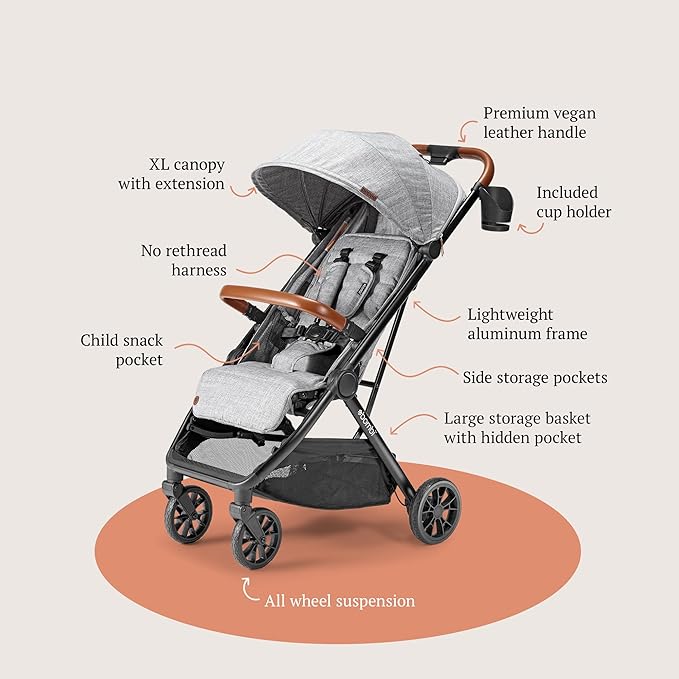 Bombi Bēbee V2 Lightweight Baby Stroller - Premium Vegan Leather, One-Hand Fold, Infinite Recline, Aircraft-Grade Aluminum Frame, XXL Canopy, and Ample Storage Umbrella Stroller - Stone Gray