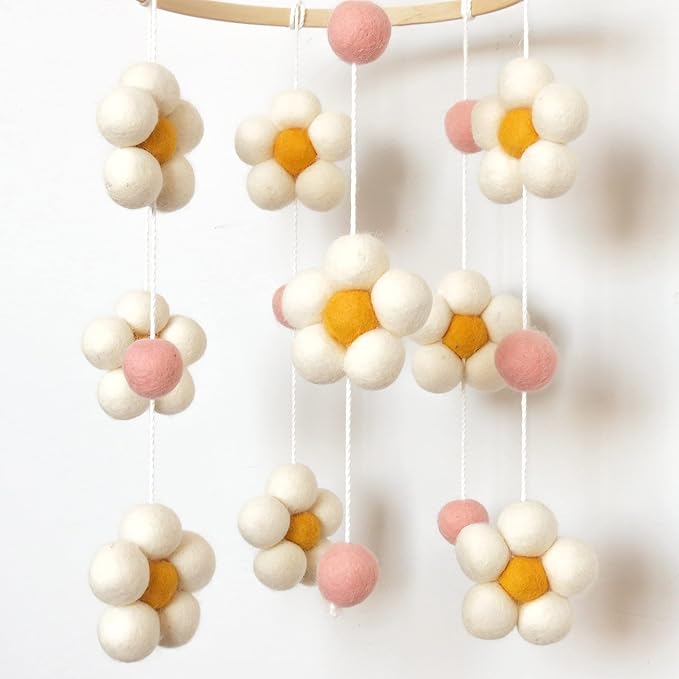 Daisy Mobile for Crib Boho Baby Crib Mobile for Girls Pink Felt Flower Baby Mobile for Crib