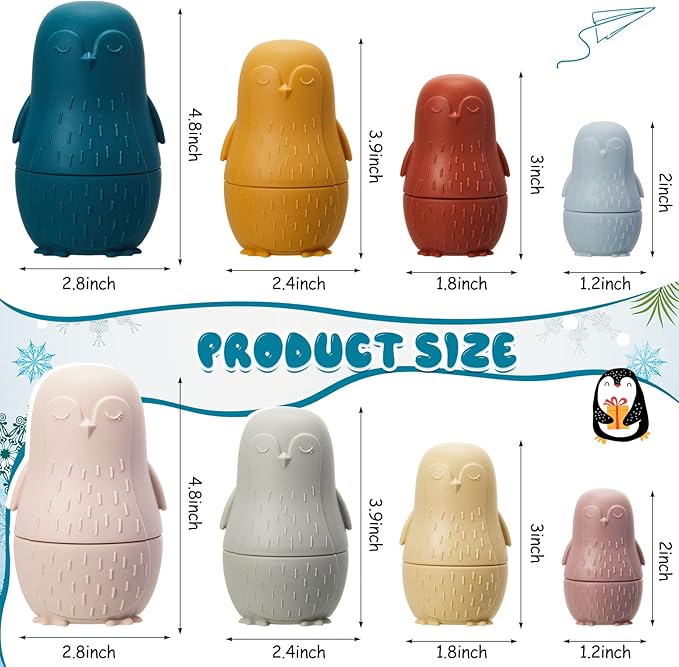 Chivao 8 Pieces Russian Nesting Dolls Silicone Matryoshka Doll Educational Stacking Nesting Dolls for Toddlers Vivid Food Grade Baby Teether for Kids, Gift for Kids(Penguin)