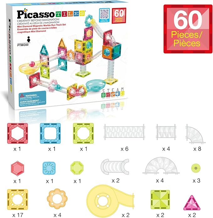 PicassoTiles 60 pc Magnet Tiles Building Block Travel Size Magnetic Marble Run Construction Toy Set Mini Diamond Marble RaceTrack Building Blocks Playset Education STEM Learning Kit Boy Girl 3+ PTMG60