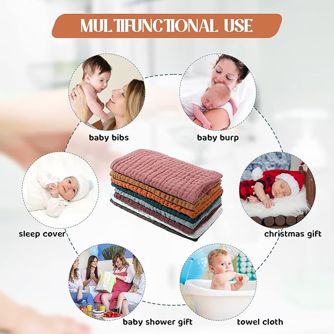 8 Packs Muslin Burp Cloths 6 Layers Unisex Baby Items Absorbent Burp Rags Colorful Muslin Washcloths for Baby Plain Soft Cotton Cloth for Babies Girls Boys, 10 x 20 Inch (Vintage Colors)