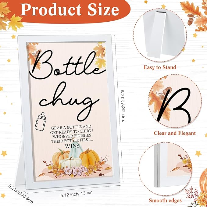 Roowest Bottle Chug Baby Shower Game - Fall Pumpkin Theme, Wooden Sign and 18 Yellow Baby Bottles for Gender Reveal Party Supplies