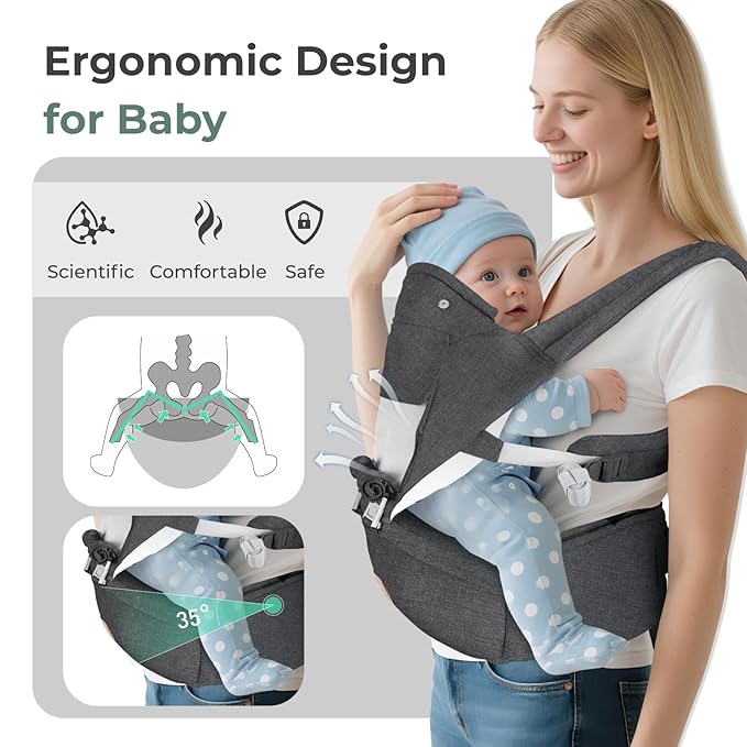 FRUITEAM Baby Carrier Newborn to Toddler, 6-in-1 Ergonomic & Adjustable Baby Carrier with Lumbar Support for All Seasons, Hands-Free, Adapt to Newborn, Infant & Toddler (Grey)