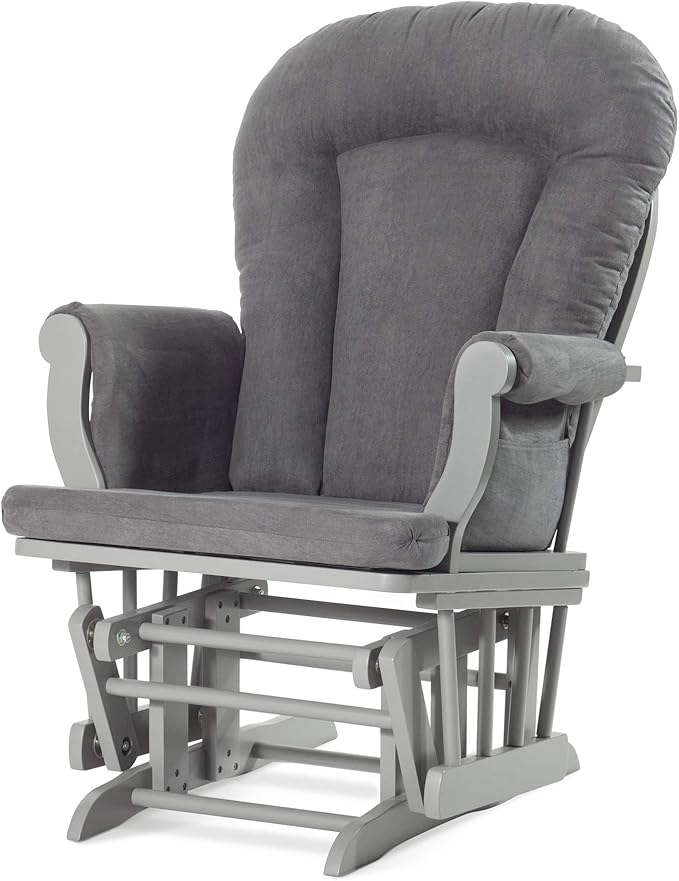 Child Craft Cozy Glider Rocker and Ottoman Set, Padded Cushion with Convenient Storage Pockets, Solid Wood Base & Frame (Cool Gray with Dark Gray Cushion)
