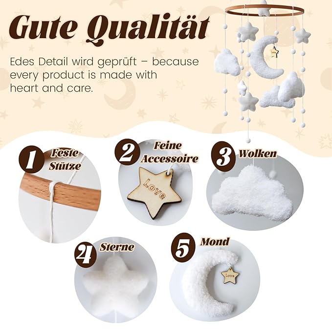 Boho Cloud Moon Crib Mobile Kids Room Accessory Baby Mobile for Crib Neutral Clouds, Moon & Stars Design Mobile for Boys & Girls