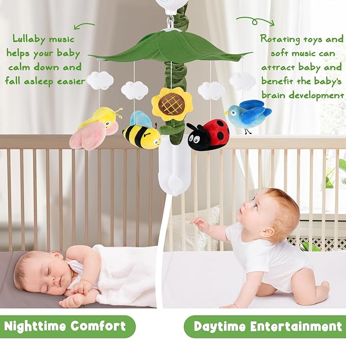 Garden Friends Crib Mobile – Baby Mobile for Crib with Upgraded 3-Mode Music Box, Nursery Mobile with Butterflies, Bees, Birds for Boys & Girls, Fits Standard Cribs, Forest Nursery Decor