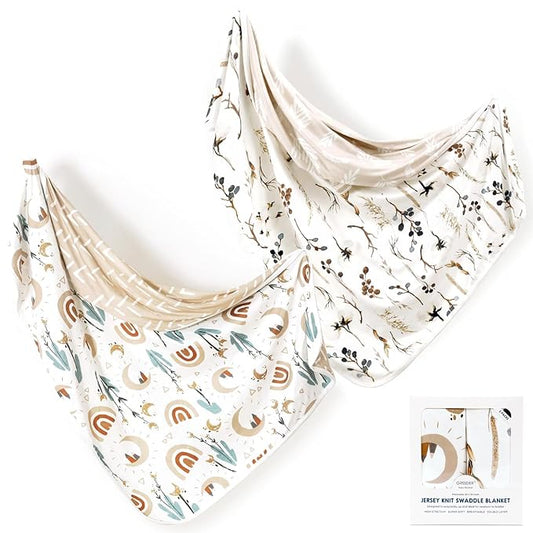 GRSSDER Baby Blankets Super Soft Jersey Knit Swaddle Blanket 2 Pack for Baby Girls and Boys, Double Layer Reversible Receiving Blankets 34 x 44 Extra Large for Swaddling, Rainbow & Beige