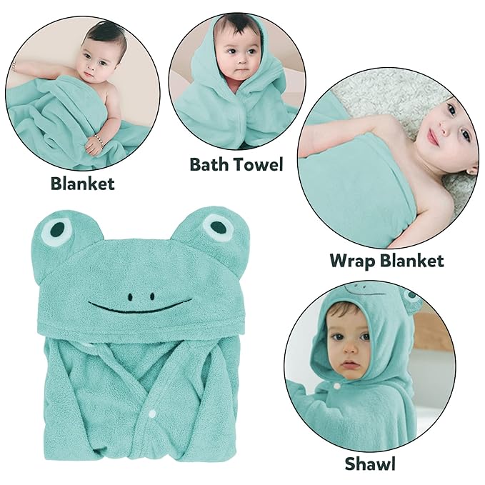 ROMASA Baby Bath Towel Ultra Soft Hooded Towel Highly Absorbent Bathrobe Blanket Toddlers Shower Gifts for Boys Girls-27.5" x 55" (Green Frog)