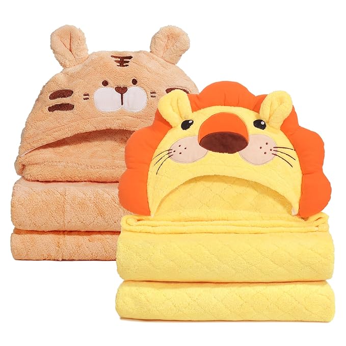 Kids Bath Towels with Hood, Soft and Thick Hooded Towels for Toddlers 3-5, 2 PCS Cute Animal Face Premium Coral Fleece with Large Size 50 in*32 in, Orange Tiger & Yellow Lion Set