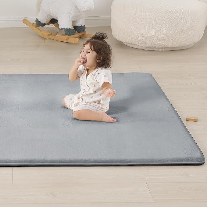 1.3" Thick Baby Floor Play Mat 71x79, Basic Padded Foam Mat for Tummy Time Crawling, Non Slip Cushioned for Babies Toddlers Infants Kids (Light Grey)