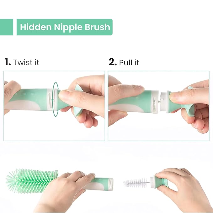5-in-1 Baby Bottle Brush Set, Bottle Brush for Baby, Bottle Cleaner Brush Set, Including Nylon and Silicone Bottle Brush, Bottle Cap Brush, Straw Brush, Nipple Brush, BPA-Free (Green)