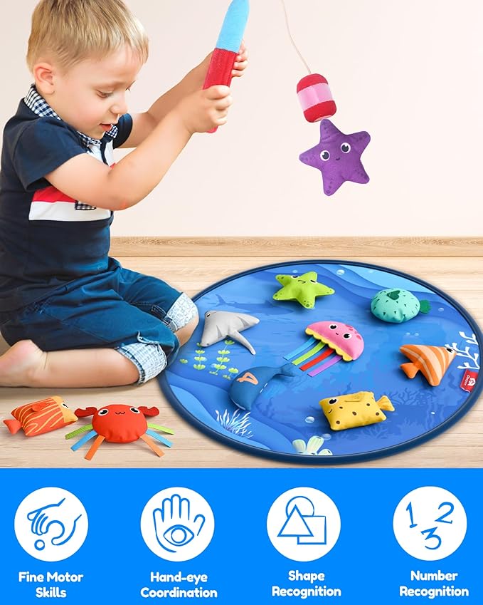 Coogam Montessori Toys for 1 2 3 Year Old, Cloth Fishing Game for Toddlers Gift, Color Sorting & Shape Learning Toys 6-12-18 Months, Toy for 1 Year Old Baby Birthday
