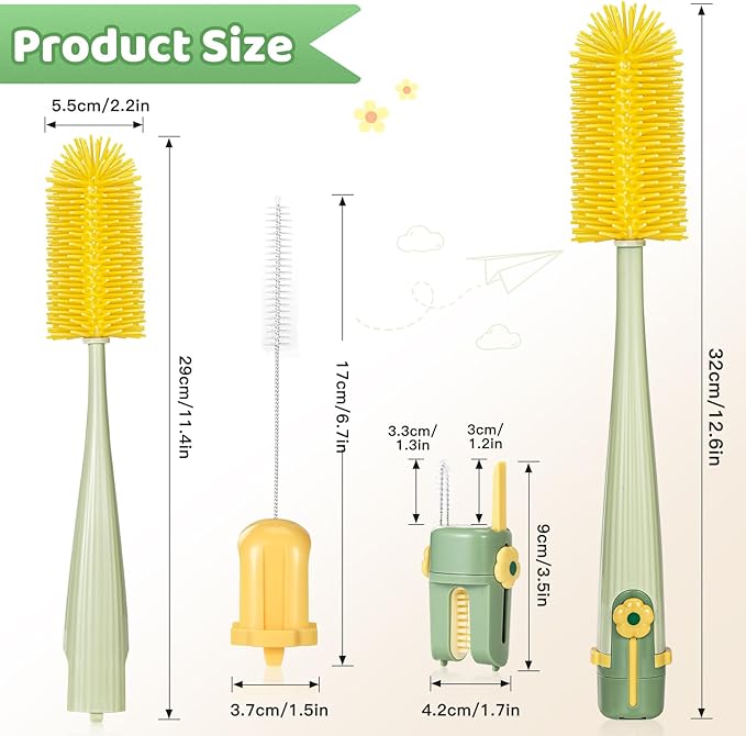 Orzbow 2 Pack Baby Bottle Brush, 5 in 1 Travel Baby Bottle Brush Set, Including Silicone Bottle Cleaner Brush, U-Shaped Rim Brush, Straw Brush, Crevice Brush & Seal Removal Rod, Green