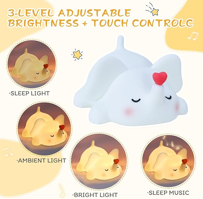 Squishy Night Light for Kids, Elephant Silicone Lamp with 4 Lullabies, Touch Control 3 Dimming Levels, 30-Min Timer, Rechargeable Cute Nightlight for Nursery, Toddler Room Decor