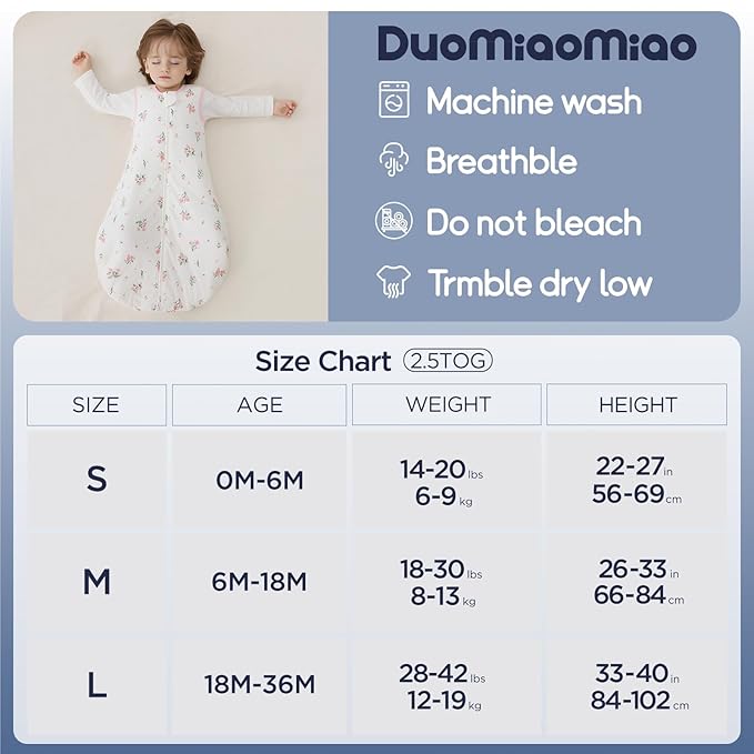 Duomiaomiao 2.5 TOG Baby Sleep Sack 100% Cotton Winter Baby Wearable Blanket, Warm Quilted Comfy Toddler Sleeping Sack