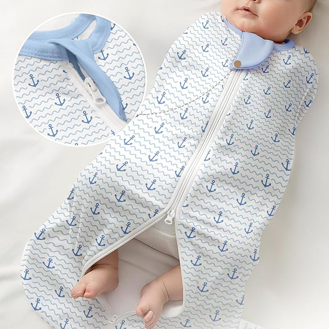 Baby Swaddle 0-2 Months, Cotton Arm-In Zipper Sleep Sack, Wearable Blankets Wrap for Newborn Infant Girls and Boys (Whale, Anchor, Pack of 2)
