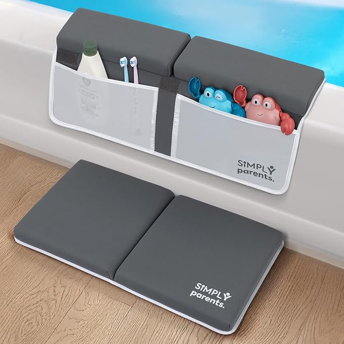 Baby Bath Kneeler and Elbow Rest Pad Set - Quick-Dry, Non-Slip Kneeling Pad for Bathing Toddler, Toy Organizer Pockets, Gift Box, Accessories for Tub, Gray