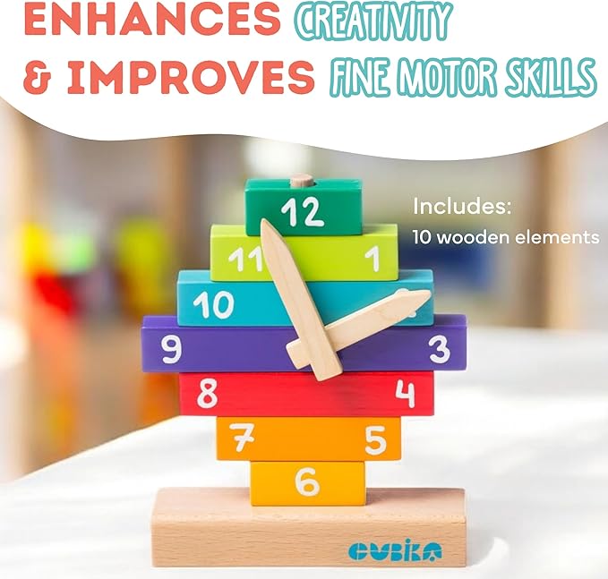 CUBIKA Wooden Clock Construction Kit – Montessori Stacking Toy for Toddlers Ages 3+ – Made from Natural Wood with Water-Based Paints – Travel-Friendly Educational Gift for Boys & Girls