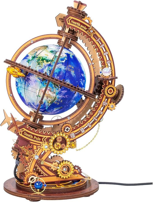 MU Model 3D Wooden Puzzles Rotating World Globes USB Charging Illuminated Craft Work 3D Metal Puzzles for Adult, Models Kits Music Boxes Miniature Building, DIY Set