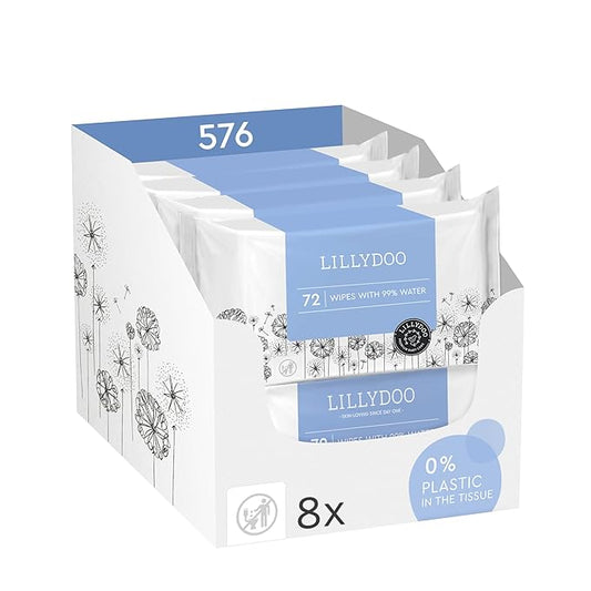 LILLYDOO Baby Wipes with 99% Water – Unscented, Hypoallergenic, Plant-Based, Strong & Plastic-Free, Compostable, 8 resealable Packs x 72 (576 Wipes Total)