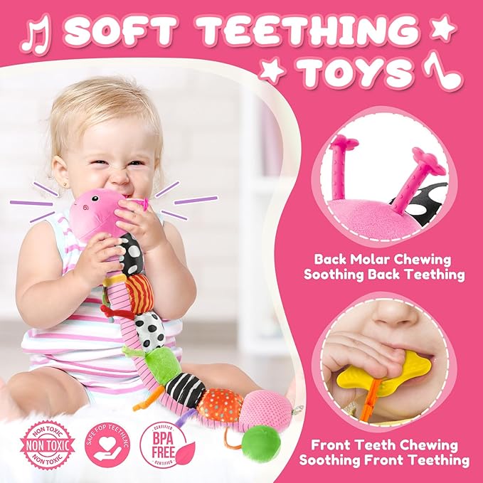 Baby Toys 0-6-12 Months,Musical Caterpillar Stuffed Animals Activity Infant Toys with Crinkle,Rattles,Mirror&Pull String,Muti-Sensory Toys Gifts for Newborn Tummy Time,Pink,Knot prolegs