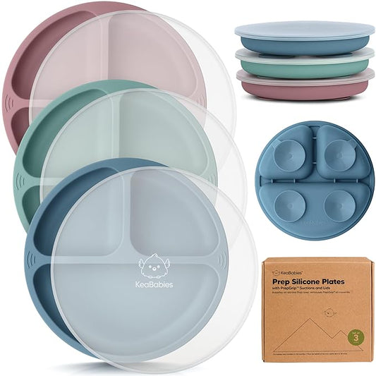 KeaBabies Suction Plates with Lids for Baby - 3-Pack 100% Silicone Toddler Plates with Suction, Divided, BPA-Free Baby Led Weaning Essentials for Kids, Dishwasher, Microwave Safe, Durable (Quantum)