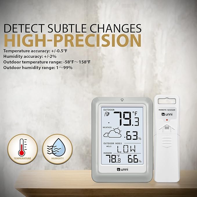 Indoor Outdoor Thermometer Hygrometer Wireless Weather Station, Temperature Humidity Monitor Battery Powered Inside Outside Thermometers with 330ft Range Remote Sensor and Backlight Display